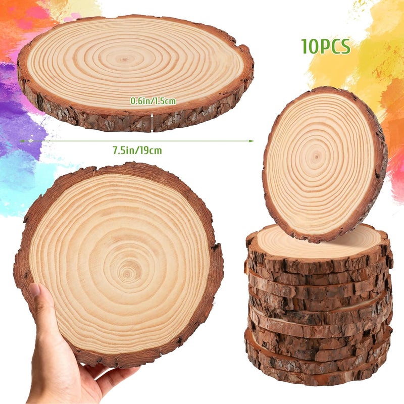 FSWCCK 10 Pack Nature Unfinished Round Wood Slices, 7-7.8 Inches Wooden Circle, Large Wood Slabs for Weddings Centerpieces Decor and DIY Painting Crafts (7"-7.8") - Image 2